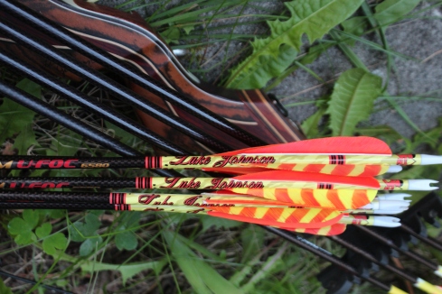 This has got to be the most bling-bling, deadly setup that I've ever shot: Wolverine FXT built by South Cox of Stalker Stickbows, GrizzlyStik Momentum EFOC's from Alaska Bowhunting Supply and the classy-sick and twisted custom arrow wraps by MR. Tim Endsley from Bad Medicine Archery. Now it's just shoot, shoot, train, shoot and train until September gets here! 